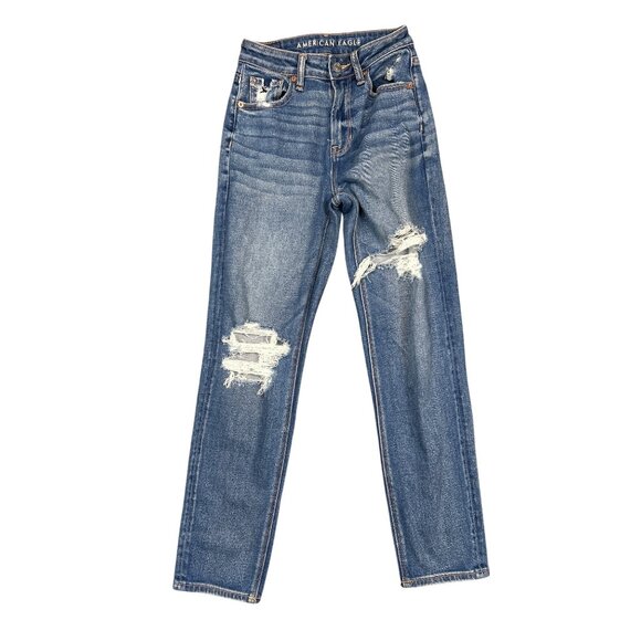 AE Stretch Mom Straight Jean Medium Distressed Wash Size 00 - Picture 4 of 9